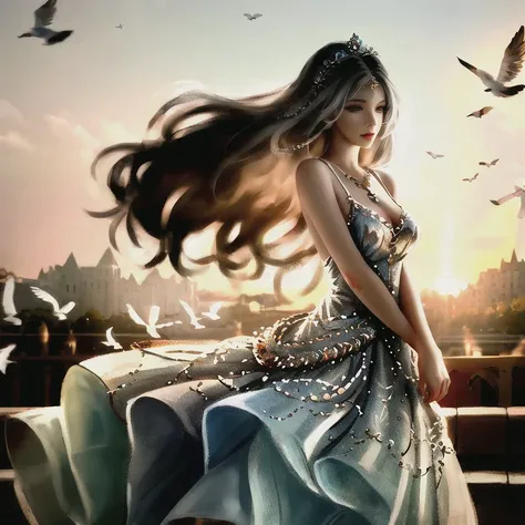 masterpiece, best quality, ****ung woman, detailed, medival dress, messy long hair,full body, (sliver hair: 1.25), white hair, high res, depth of field, best quality, highly detailed, vintage ornate palace loft, delicate face,outdoors , background with doves, sunset sky, side to audience, eyes looking into the distance