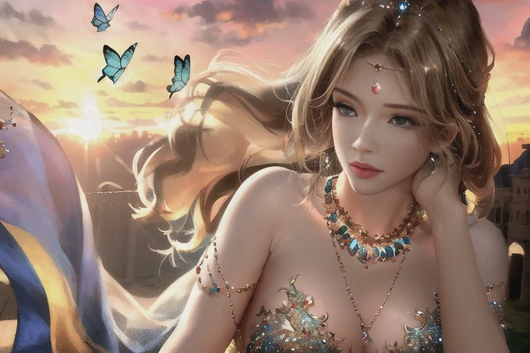 (best quality),((masterpiece)),(highres), original, (extremely detailed 8K wallpaper), overexposure,1girl,(medium breasts),(an extremely delicate and beautiful),(Beautiful and detailed eye description), (Beautiful and detailed facial depiction),(solo),(full body), arms behind back, blonde hair, messy hair, long hair, luxury evening gown, fine and detailed armor, castle, glory, hope, (beautiful sunset, cloudy sky), hair ornament, necklace, jewelry, earrings, background with butterflies, bare shoulders,