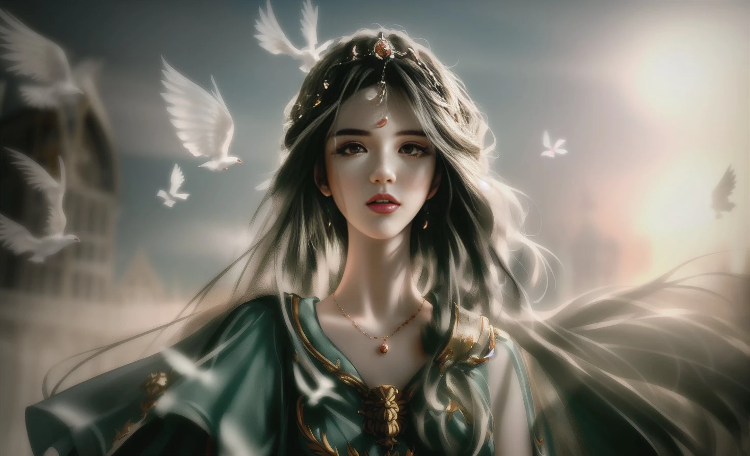masterpiece, best quality, ung woman, detailed, medival dress, messy long hair,full body, (sliver hair: 1.25), white hair, high res, depth of field, best quality, highly detailed, vintage ornate palace loft, delicate face,outdoors , background with doves, sunset sky, side to audience, eyes looking into the distance