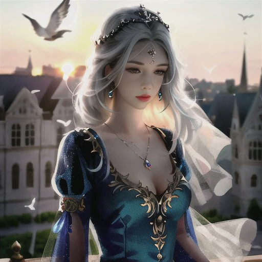 masterpiece, best quality, 1 young woman, detailed, medival dress, messy long hair,full body, (sliver hair: 1.25), white hair, high res, depth of field, best quality, highly detailed, vintage ornate palace loft, delicate face,outdoors , background with doves, sunset sky, side to audience, eyes looking into the distance