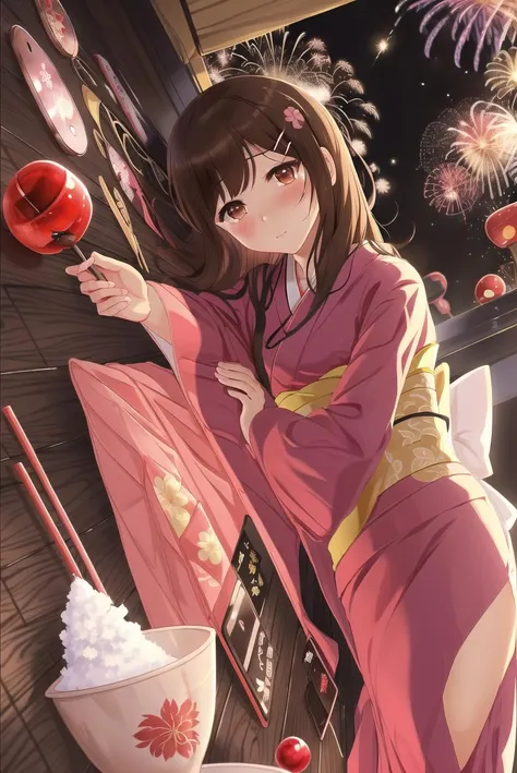1 1boy, igarashi kyoko, on side, japanese clothes, solo, hair ornament, food, fireworks, cellphone, kimono, phone, long hair, blush, candy apple, smartphone, hairclip, night, brown hair, flower, hair flower, dutch angle, pink kimono  <lora:lyingside-000012:0.58>