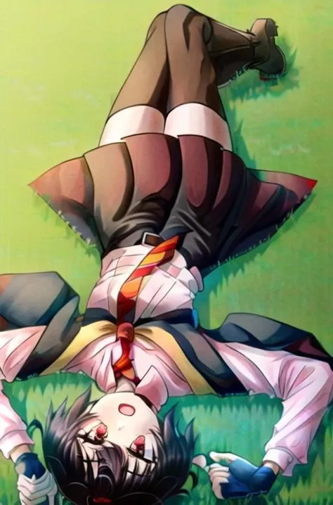 1girl, hat, gloves, red eyes, megumin, witch hat, fingerless gloves, on back, open mouth, black hair, cat, short hair, necktie, dress, grass, headwear removed, looking at viewer, belt, hat removed, cape, shirt, brown footwear, blush, boots, black cat, on ground, pink shirt, black cape, bangs, upside-down <lora:upsidedown:1>