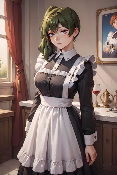 <lora:SousouNoFrieren_UbelXL:0.8> UbelSSnF,green hair,side ponytail,purple eyes,large breasts, <lora:l0ngm41dXLP:0.6> l0ngm41d, long sleeves, bow, apron, maid, frilled apron, Score_9, Score_8_up, Score_7_up, Score_6_up, Score_5_up, Score_4_up, BREAK,1girl in full growth, best quality, masterpiece, ultra-detailed, high quality,good quality,1 girl,(master piece,high resolution, ultra detailed,8K,16K),look at viewer