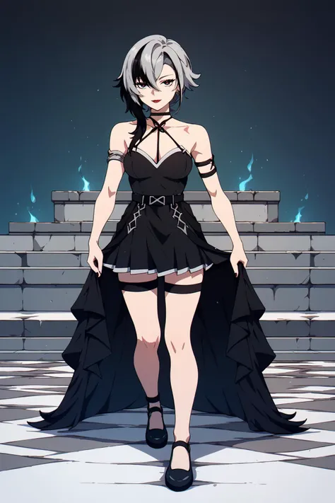 black dress,halterneck, sleeveless,short dress,black belt,armlet,arm strap,single glove,thigh strap,black footwear<lora:SousouNoFrieren_UbelXL:0.8>, <lora:arlecchino xl pd:1> arlecchino gi,x-shaped pupils,multicolored hair,black hair,hair between eyes,short hair white hair,streaked hair,earrings,jewelrybangs,red lips,grey hair, Score_9, Score_8_up, Score_7_up, Score_6_up, Score_5_up, Score_4_up, BREAK,1girl in full growth, best quality, masterpiece, ultra-detailed, high quality,good quality,1 girl,(master piece,high resolution, ultra detailed,8K,16K),look at viewer