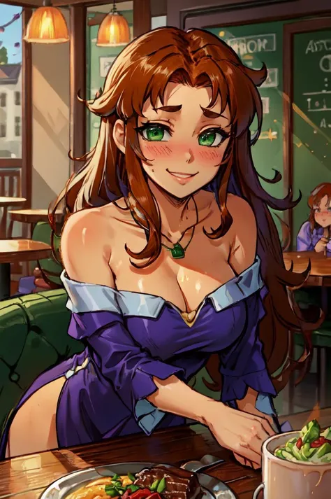 1girl, arm support, bare shoulders, beer mug, blurry, blush, breast rest, breasts, breasts on table, butter, chair, cleavage, collarbone, cup, cupboard, depth of field, dress, flower, food, gravy, indoors, jewelry, large breasts, leaning forward, lettuce, low neckline, mug, necklace, off-shoulder dress, off shoulder, dress, restaurant, sitting, smile, solo, spoon, steak, table, strapless dress, <lora:Blackfire LoRA:.75> ,((dark orange hair, light purple clothes, BRIGHT beautiful green eyes,)),table