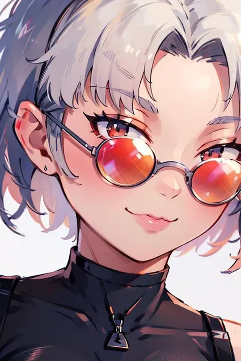 masterpiece, (photorealistic:1.4), best quality, beautiful lighting, detailed, 1girl, alluring, (face close up), <lora:Villain Racer:1>, villain_racer, (red eyes), sunglasses, <lora:Msgk_face:0.8>, smile, lipstick, (:3:1.3)