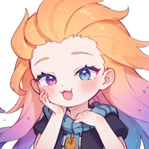 masterpiece,best quality,
,zoe,zuoyi, 1girl,long hair,very long hair,blue and purple eyes, orange hair, (pink and purple hair:0.9),(multicolored hair:0.7), forehead,
, grin, :3, upper body, hand to own mouth,open mouth,
