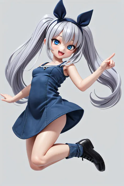 Asian-Less, <lora:pixel_f2:0.1>, <lora:add_detail:0.3>, (simple background), full body, <lora:noribs_v11:0.7>, <lora:GoodHands-beta2:0.7>, 1girl, solo, looking at viewer, silver hair, medium breasts, dark blue dress, dark blue shoes, fang, blue eyes, very long twintails, very long hair, hair headband, red hair headband, (Jumping with arms to the side) <lora:Msgk_face:0.8>