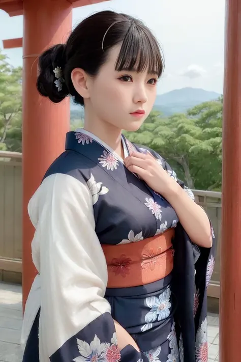 (skin blemish:1.2), (skindentation), black eye, 1woman, 25yo, (((woman))), solo, realistic, best quality, photorealistic, masterpiece, 8k, high res, solo, extremely detailed face, (professional lighting, bokeh), (light particles, lens flare, glowing particles:0.6), (dynamic pose:1.2), soft lighting, top angle view, fashionable and trendy atmosphere, street, japan, kyoto, city, shrine, ((daytime)), standing, ((looking at the viewer:1)), (looking at the camera),(portrait:0.6), cowboy shot, gorgeous, keep original facial proportion, wide shoulder, full body, (large breast), (long hair), brown hair, floating hair, lips, lipstick, seductive smile, floating hair, pubic hair, (smile), (open_mouth), teeth, ((japan kimono:1.2)), japan traditional kimono, japanese kimono, japanese clothes, blue kimono, (yukata), hakama, (japan traditional clothes), shrine maiden, himiko, wearing a traditional japanese kimono, updo, cool ponytail, fox ears, fox tail, mole, (mole under eye:1), <lora:NaganoS:0.75>