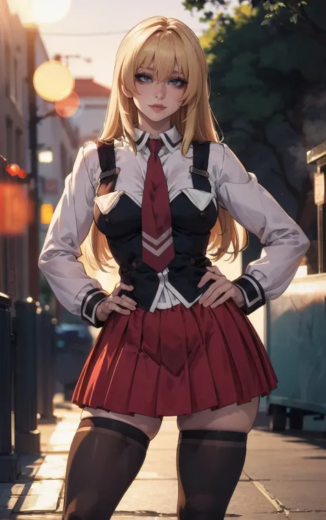 ((masterpiece, best quality)), insaneres, absurdres, solo, outdoors,
CLOTHING_BibleBlack_SchoolDress_ownwaifu, 
1girl, blonde hair,  long hair, blue eyes, 
black vest, red skirt, white shirt, collared shirt, suspenders, school uniform, black thighhighs, zettai ryouiki, necktie, long sleeves, pleated skirt, red necktie, 
(contrapposto, hand on hip)<lora:CLOTHING_BibleBlack_SchoolDress_ownwaifu:1>,
lens flare, depth of field, bokeh, embers, vanishing point, looking at viewer,