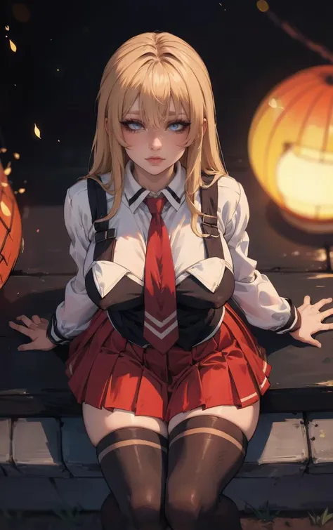 ((masterpiece, best quality)), insaneres, absurdres, solo, outdoors,
CLOTHING_BibleBlack_SchoolDress_ownwaifu, 
1girl, blonde hair,  long hair, blue eyes, 
black vest, red skirt, white shirt, collared shirt, suspenders, school uniform, black thighhighs, zettai ryouiki, necktie, long sleeves, pleated skirt, red necktie, 
(from above, sitting)<lora:CLOTHING_BibleBlack_SchoolDress_ownwaifu:0.9>,
lens flare, depth of field, bokeh, embers, vanishing point, looking at viewer,