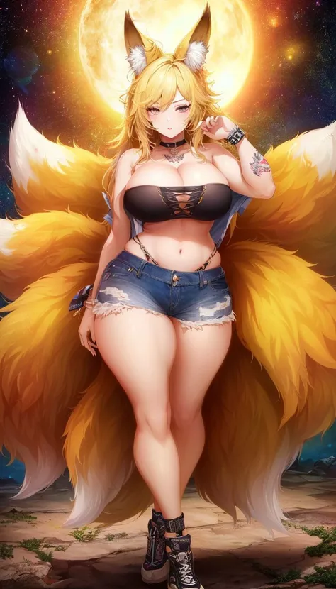 1girl, full body, large breasts, sagging breasts, wide hips, thick thighs, punk bad girl, fox ears, bandeau, official art, vivid color, (nebula background:0.8), finely detailed, hyper detailed, 8k, high resolution illustration, Masterpiece, best quality, intricate detail, (muscular legs:0.65), denim shorts, micro shorts, tattoos