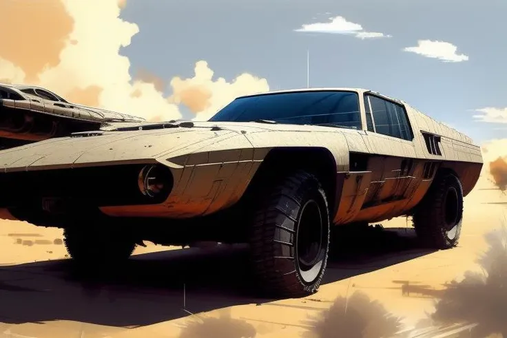 mad max style vehicle, post apocalyptic, armored, armed, weapons, sydmead_style <lora:cardesignSydMead_cardesignSydMeadStyle:1>