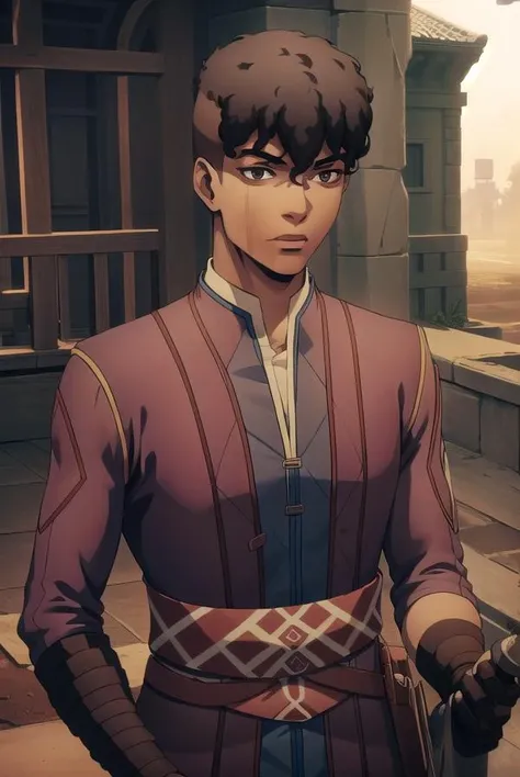 zamfir, <lora:zamfir-lora-nochekaiser:1>,
zamfir, black hair, dark skin, dark-skinned male, short hair, (brown eyes:1.3), scar, (scar on face:1.5), (flat chest:1.2),
BREAK gloves, boots, belt, fingerless gloves, brown gloves,
BREAK looking at viewer,
BREAK indoors,
BREAK <lyco:GoodHands-beta2:1>, (masterpiece:1.2), best quality, high resolution, unity 8k wallpaper, (illustration:0.8), (beautiful detailed eyes:1.6), extremely detailed face, perfect lighting, extremely detailed CG, (perfect hands, perfect anatomy),