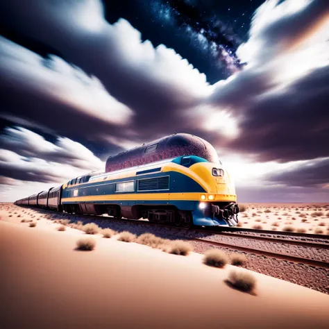 (CosmicTrain style:1) train traveling down train tracks through a desert, a cloudy night sky <lora:djzCosmicTrainV21:0.8>