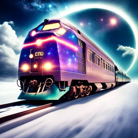 (CosmicTrain style:1) train traveling down train tracks <lora:djzCosmicTrainV21:0.8>