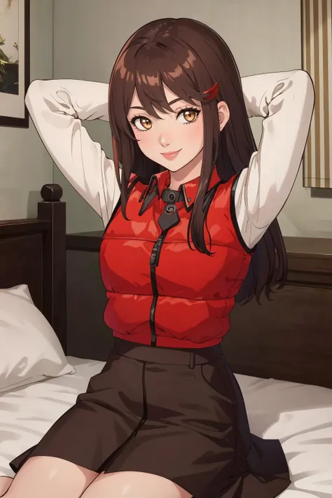 masterpiece, best quality, 1girl, solo, sitting, <lora:hitomitono-sh-richy-v1:1> hitomitono, looking at viewer, seiza, arms behind head, smile, red vest, bed, bedroom, skirt, long sleeves
