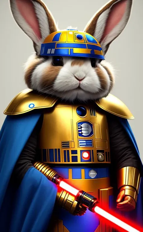 Star Wars scene artificial intelligence a tricolor rabbit wearing golden Jedi knight cape holding a blue lightsabe in it's let paw, shwing R2D2 and 3PO in background, artstation trends, concept art, highly detailed, intricate, sharp focus, digital art, 8 k,