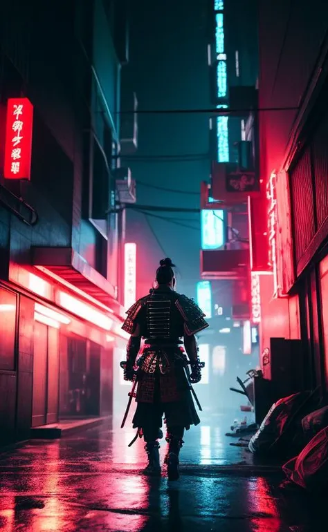 glamour shot of samurai, the Cyberpunk samurai, surrounded by city neon lighting, realistic, realistic, morbide, dark, very detailed, rendered in octane, wet, dense atmospheric, epic, dramatic, empty, creepy, trail cam footage, photorealistic, hyperornate details, photographed by Irakli Nadar and Reylia Slaby, bokeh, particuls, ultra detail