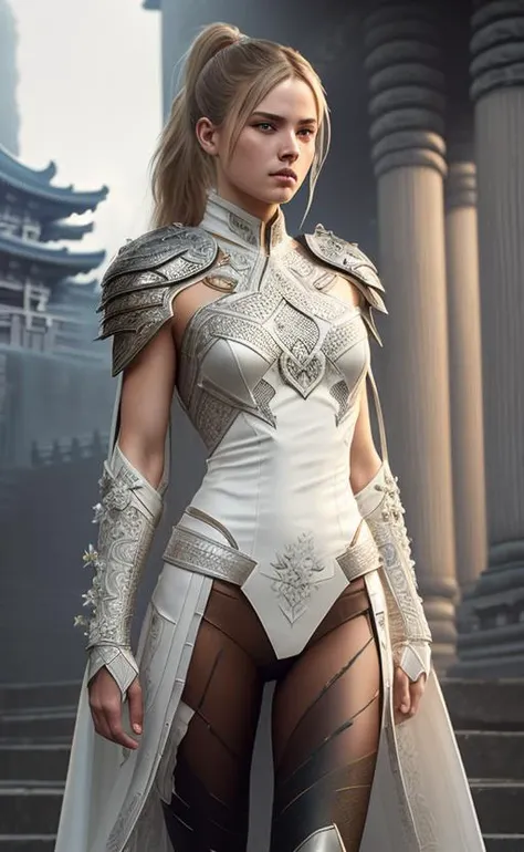 full body, walking pose, slow motion, (rogue thief:1.2) female wearing full body multiple stitched layer (leather armor:1.2), (white silk cloak), (fabric with intricate pattern:1.2), (insanely detailed, bloom:1.5), (highest quality, Alessandro Casagrande, Greg Rutkowski, Sally Mann, concept art, 4k), (analog:1.2), (high sharpness), (detailed pupils:1.1), (painting:1.1), (digital
painting:1.1), detailed face and eyes, Masterpiece, best quality, (highly detailed photo:1.1), 8k, photorealistic, (long dark blonde Hair, ponytail haircut, ecstatic:1.1), (young woman:1.1), By jeremy mann, by sandra chevrier, by maciej kuciara, sharp, (perfect body:1.1), realistic, real shadow, 3d, (asian temple background:1.2), (by Michelangelo)