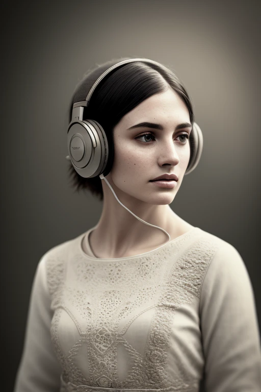 Jane Eyre with headphones, natural skin texture, 24mm, 4k textures, soft cinematic light, adobe lightroom, photolab, hdr, intricate, elegant, highly detailed, sharp focus, ((((cinematic look)))), soothing tones, insane details, intricate details, hyperdetailed, low contrast, soft cinematic light, dim colors, exposure blend, hdr, faded