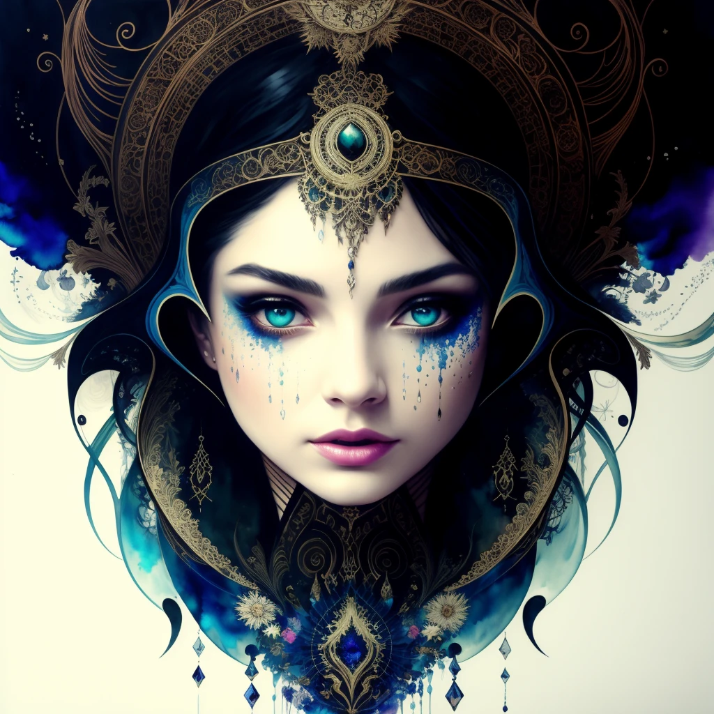 Colorful beautiful woman: Black ink flow: 8k resolution photorealistic masterpiece: by Aaron Horkey and Jeremy Mann: intricately detailed fluid gouache painting: by Jean Baptiste Mongue: calligraphy: acrylic: watercolor art, professional photography, natural lighting, volumetric lighting maximalist photoillustration: by marton bobzert: 8k resolution concept art intricately detailed, complex, elegant, expansive, fantastical