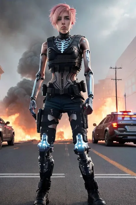 Fire in the background, police cars, explosions, smoke, cyborg cop, full body shot,