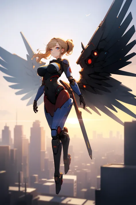 masterpiece, best quality, highest quality, highly detailed, 
beautiful, intricate details, absurdres, 
1girl, solo, android, (robot:1.2),
blond hair, big hair, chignon, 
green eyes, smirk, 
gigantic breasts,
wings, mechanical wings, flying, 
BREAK 
perspective, outdoors, cityscape, science fiction, post-apocalypse, sunset, sky, 
BREAK 
looking ahead, full body, blurry background, 
BREAK 
 <lora:droids_LoKr_prodigy_v1-01-000017:1.00>