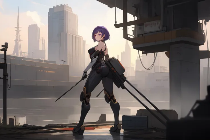 masterpiece, best quality, highest quality, highly detailed, 
beautiful, intricate details, absurdres, 
1girl, solo, android, robot, mechanical parts, mechanical arms, mechanical legs,
purple hair, short hair, retriever hair, 
coral eyes, closed eyes smile:1.2, 
gigantic breasts,
nudem
BREAK 
from behind, outdoors, cityscape, science fiction, post-apocalypse, sunset, 
BREAK 
looking ahead, full body, blurry background, 
BREAK 
 <lora:droids_LoKr_prodigy_v1-01-000017:1.00>