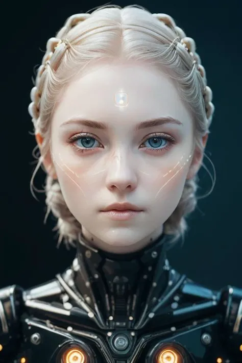 (8k, best quality, masterpiece:1.2), (realistic, photo-realistic:1.37), ultra-detailed, cinematic, beautiful female combat robot, Doll-like symmetrical face, (pale complexion:1.5), luminescent symbols and letters on the skin, <lora:robot:0.6>