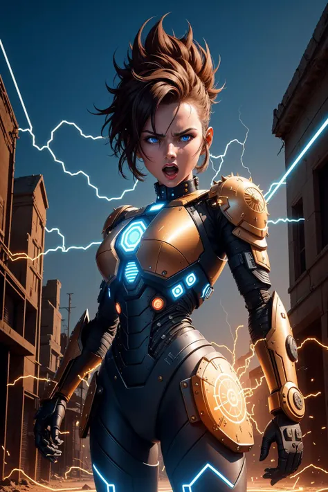 Photo of a robot girl with spiky short hair, metallic combat suit, (ancient city:1.4), flat chest,
brown hair, red lips, blue eyes, slender, red neon, cowboy shot, blurry background, realistic, photo, (electricity), (aura), particles, hands in a fist,
<lora:aki:.5>, <lora:SuperSaiyanHair:.2>, super saiyan, screaming, broad shoulders,
