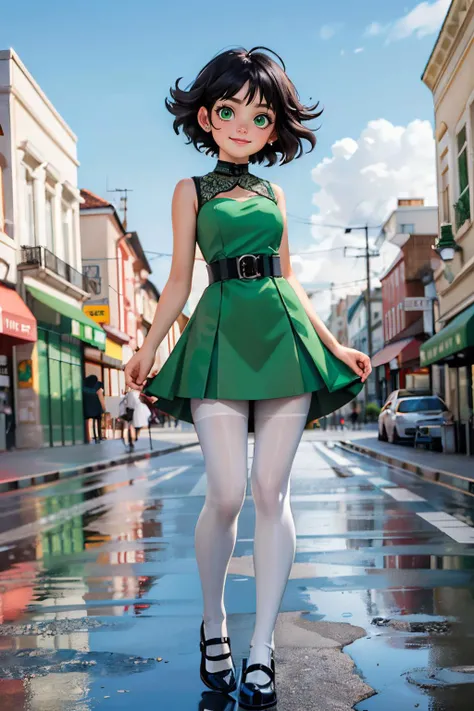 buttercup, green eyes, short black hair, green dress, belt, white pantyhose, black flats, looking at viewer, smiling, full body shot, standing, outside, city, street, overcast, high quality, masterpiece <lora:Buttercup:.8>