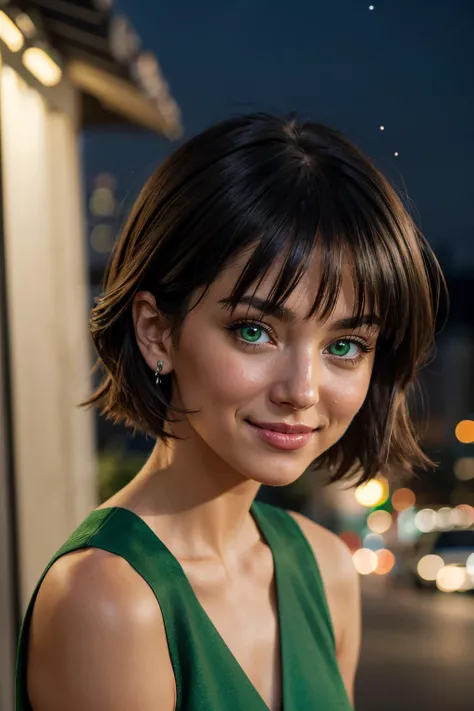 buttercup, green eyes, short black hair, green dress, looking at viewer, smiling, close up, outside, cityscape, night time, high quality, masterpiece <lora:Buttercup:.8>