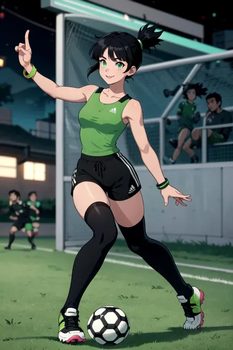 (masterpiece), (best quality), <lora:Buttercup:1>, buttercup, 1girl, (solo) (black hair, green eyes, short hair, ponytail) sportswear, (black shorts, green tanktop, black thighhighs, black bracelet), at night, smiling, soccer, soccer match