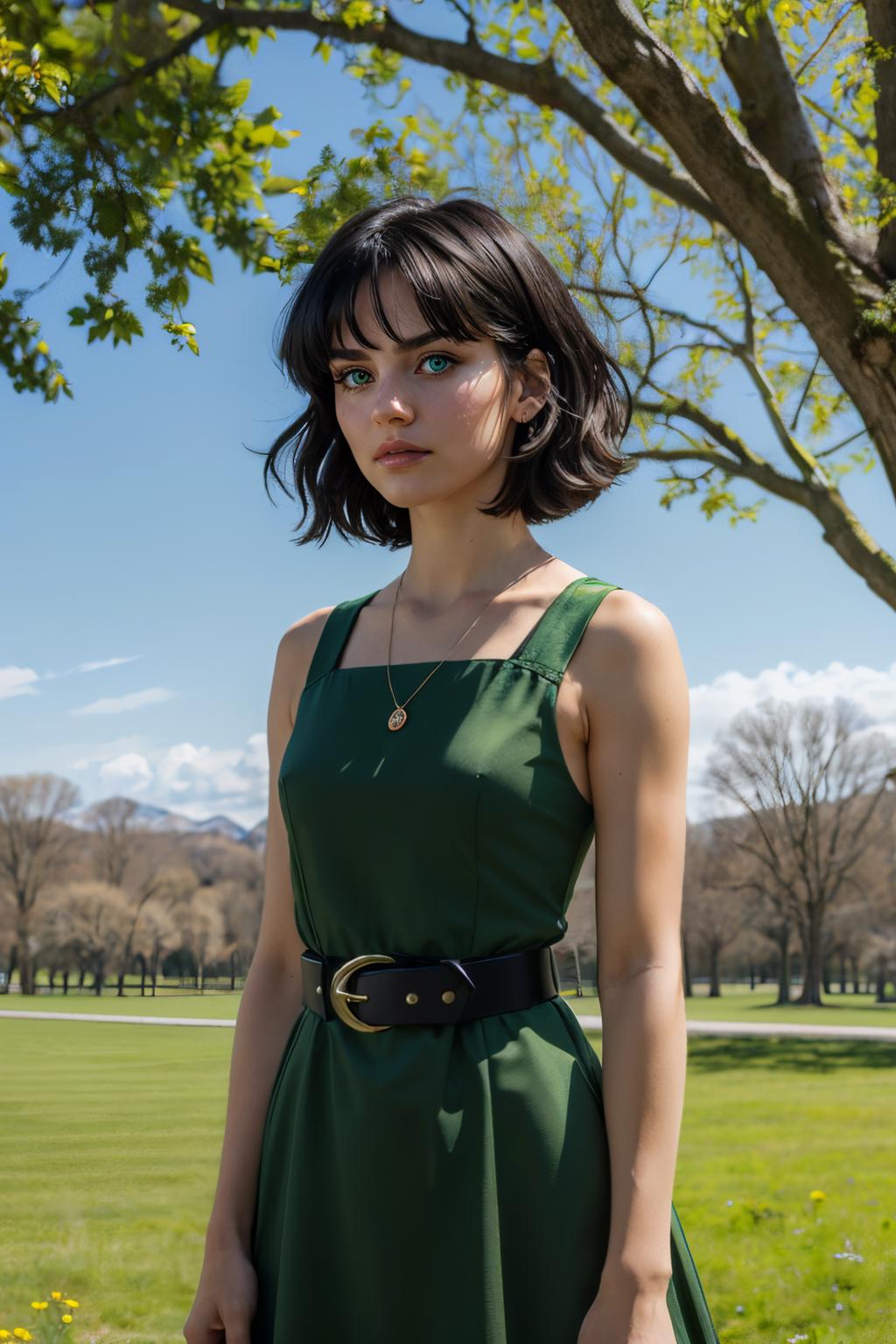 A woman in a green dress standing in a park with a tree - SeaArt AI
