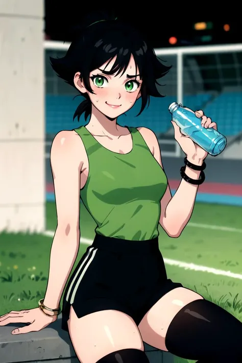 (masterpiece), (best quality), <lora:Buttercup:1>, buttercup, 1girl, (solo) (black hair, green eyes, short hair, ponytail) sportswear, (black shorts, green tanktop, (black thighhighs), black bracelet, soccer field, night, (holding water bottle:0.90), (detailed hands), tired, sweating, leaning back, looking at viewer, blush, heat, smirk