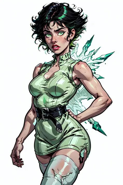 (Buttercup:1.0), (black hair, green eyes, short hair, messy hair:1.2), (dress, light-green sleeveless dress, simple black belt, white thighhighs:1.5), (white background:1.5), (realistic:1.2), (masterpiece:1.2), (full-body-shot:1),(Cowboy-shot:1.2), neon lighting, dark romantic lighting, (highly detailed:1.2),(detailed face:1.2), (gradients), colorful, detailed eyes, (detailed landscape:1.2), (natural lighting:1.2), (cute pose:1.2), (solo, one person, 1girl:1.5), standing, <lora:Buttercup-09:0.9>  <lora:add_detail:0.15> <lora:hipoly3DModelLora_v10:0.05> <lora:RSERomantic_RSESofiko_RSEEmma-v1:0.1> <lora:BeautifulEyes:0.65>