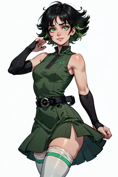 (Buttercup:1.0), smiling, (black hair, green eyes, short hair, messy hair:1.2), (dress, light-green sleeveless dress, simple black belt, white thighhighs:1.5), (white background:1.5), (realistic:1.2), (masterpiece:1.2), (full-body-shot:1),(Cowboy-shot:1.2), neon lighting, dark romantic lighting, (highly detailed:1.2),(detailed face:1.2), (gradients), colorful, detailed eyes, (detailed landscape:1.2), (natural lighting:1.2), (cute pose:1.2), (solo, one person, one subject:1.5), standing, <lora:Buttercup-09:0.9> <lora:add_detail:0.15> <lora:hipoly3DModelLora_v10:0.05> <lora:RSERomantic_RSESofiko_RSEEmma-v1:0.1> <lora:BeautifulEyes:0.65>