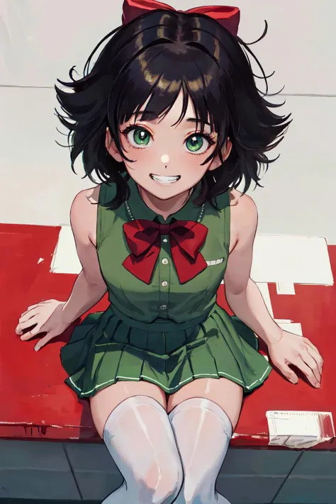 <lora:Buttercup:1> Buttercup, messy hair,hair bow,thighhighs,skirt,heart background,grin,from above, sleeveless,
(best quality, masterpiece, RAW photo,ultra-detailed:1.2), <lyco:GoodHands-beta2:1.0>,1girl,solo,looking at viewer,smile