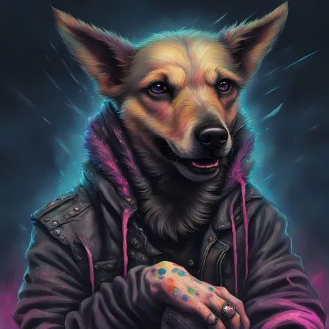 highres,absurdres,masterpiece,abbyloujenkins dog,1980s \(style\),punk,punker,punkrocker,fully clothed,<lora:offset_0.2:1>,<lora:abbylouxl-000008:1.25>,, in a punk style, piercings, tatoos, trash, garbages, color paint splats, coloured spoils, dust and scratches, punk crete, rainbow coloured hairs,synthwave,dark mood lighting