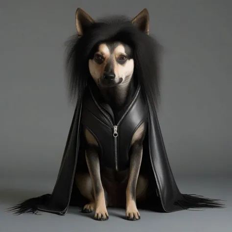 highres,absurdres,masterpiece,abbyloujenkins dog,1980s \(style\),dressed as a goth,fully clothed with leather jacket, (wearing black gothic wig:1.1),<lora:offset_0.2:1>,<lora:abbylouxl-000004:1>,