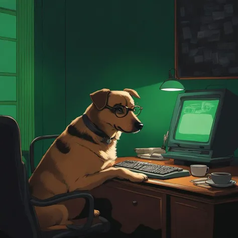 comic masterpiece,absurdres,abbyloujenkins dog sitting in front of a desk with a (white vintage 80s computer:1.1),wearing reading glasses,there is a cup of hot tea,background is classy study,the room is dark,nighttime,the monitor is emitting slightly glowing green light,<lora:abbylouxl-000001:1>,<lora:offset_0.2:1>,graphic illustration,comic art,graphic novel art,vibrant,highly detailed,beautiful,happy,