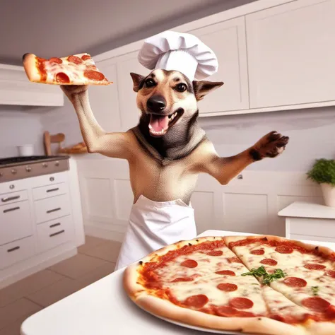 abbyloujenkins dog as italian chef, throwing a pizza in the air,<lora:abbylouxl-000007:1.1>,