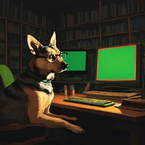masterpiece,absurdres,abbyloujenkins dog sitting in front of a desk with a (thick white vintage 80s computer:1.1),wearing reading glasses,background is classy study with bookshelves,the room is dark,nighttime,the monitor is emitting slightly glowing green light,<lora:abbylouxl-000001:1>,<lora:offset_0.2:1>,graphic illustration,comic art,graphic novel art,vibrant,highly detailed,