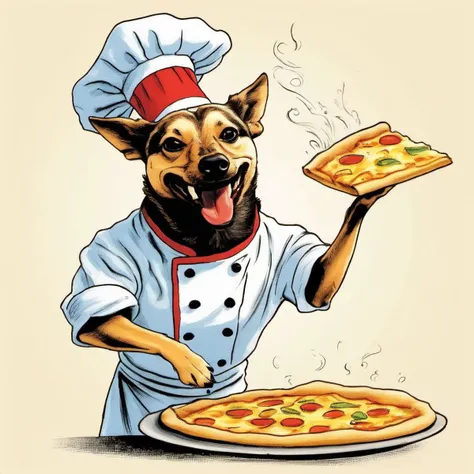 abbyloujenkins dog as italian chef,throwing a pizza in the air,<lora:abbylouxl-000010:1.1>,illustration,graphic novel,