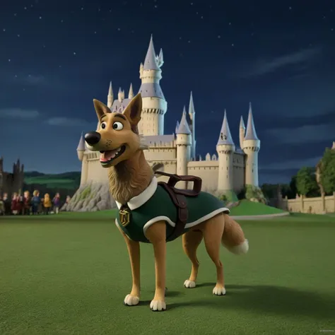 highres,absurdres,masterpiece,abbyloujenkins dog,half centaur,(wearing dark green school uniform:1.2),(fully clothed:1.5),<lora:sd_xl_offset_example-lora_1:1.25>,realistic paws,detailled fur,(background ist hogwarts castle:1.3),magical atmosphere,nighttime,stars,<lora:CLAYMATE_V2.03_:1>,(happy:1.4).,smiling,clay figure,<lora:abbylouxl-000006:1.1>, beige fur