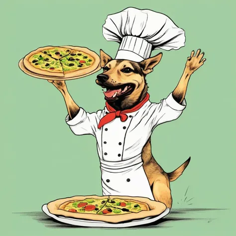abbyloujenkins dog as italian chef,throwing a pizza in the air,<lora:abbylouxl-000010:1.1>,illustration,graphic novel,