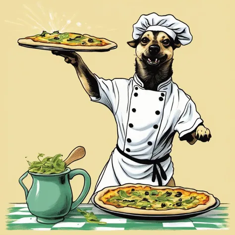 abbyloujenkins dog as italian chef,throwing a pizza in the air,<lora:abbylouxl-000010:1.1>,illustration,graphic novel,