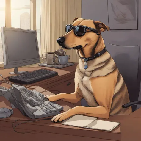 comic masterpiece,absurdres,abbyloujenkins dog sitting in front of a desk with an 80s computer, wearing glasses, there is a cup of hot tea, background is classy study ,<lora:abbylouxl-000001:1.15>,<lora:offset_0.2:1>,graphic illustration,comic art,graphic novel art,vibrant,highly detailed,,beautiful,happy,