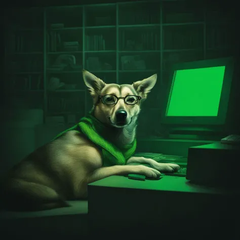 masterpiece,absurdres,abbyloujenkins dog sitting in front of a desk with a (thick white vintage 80s computer:1.1),wearing reading glasses,background is classy study with bookshelves,the room is dark,nighttime,the monitor is emitting slightly glowing green light,<lora:abbylouxl-000006:1.5>,<lora:offset_0.2:1>,graphic illustration,comic art,graphic novel art,vibrant,highly detailed,